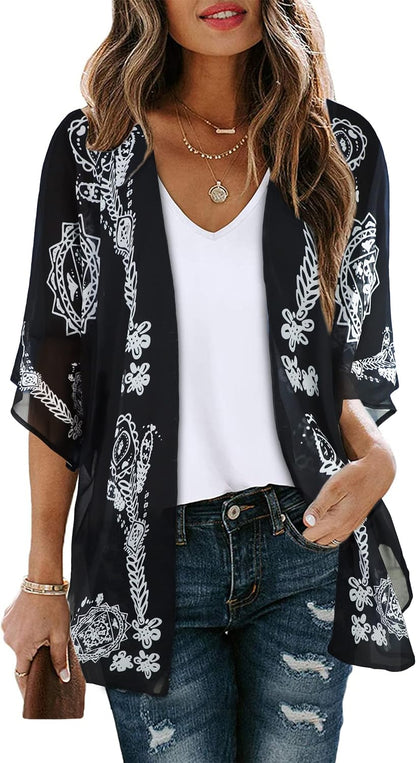 CHICGAL Womens Floral Kimono Cardigan Beach Cover Up Casual Summer Tops | 2026 Puff Sleeve Open Front Chiffon Outfit,Hawaiian Shirt,Beach Vacation Swimwear, Plus Top,Boho ladies Blouse,Cruise Resort