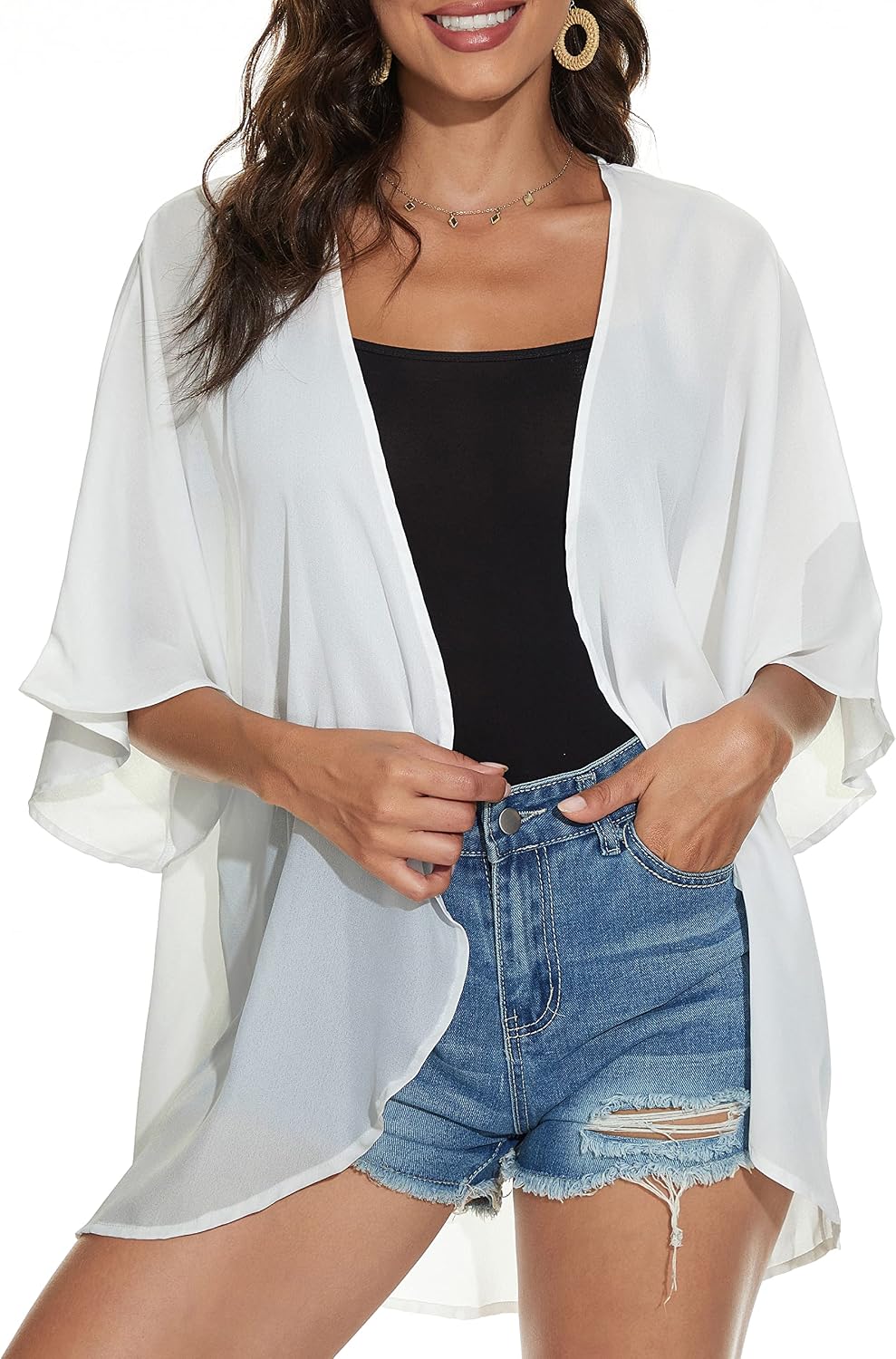 CHICGAL Womens Floral Kimono Cardigan Beach Cover Up Casual Summer Tops | 2026 Puff Sleeve Open Front Chiffon Outfit,Hawaiian Shirt,Beach Vacation Swimwear, Plus Top,Boho ladies Blouse,Cruise Resort