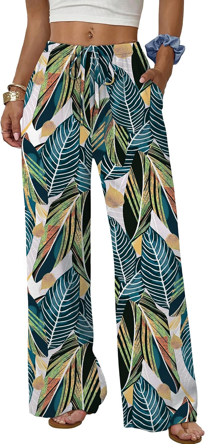 Sampeel Wide Leg Pants for Women Flowy Palazzo Drawstring Elastic Waist Trousers with Pockets Summer Beach Vacation Clothes