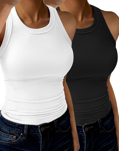 GKBK Womens Tank Tops High Neck Sleeveless Ribbed Tank Casual Basic Thick Strap Slim Fitted Racerback Shirts