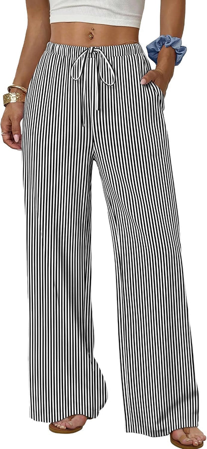 Sampeel Wide Leg Pants for Women Flowy Palazzo Drawstring Elastic Waist Trousers with Pockets Summer Beach Vacation Clothes