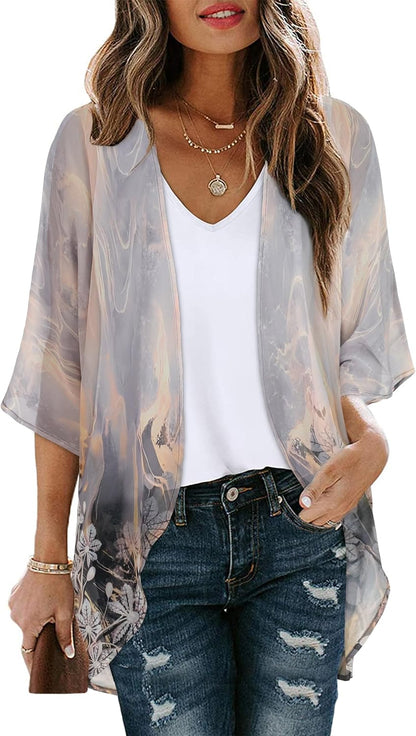 CHICGAL Womens Floral Kimono Cardigan Beach Cover Up Casual Summer Tops | 2026 Puff Sleeve Open Front Chiffon Outfit,Hawaiian Shirt,Beach Vacation Swimwear, Plus Top,Boho ladies Blouse,Cruise Resort