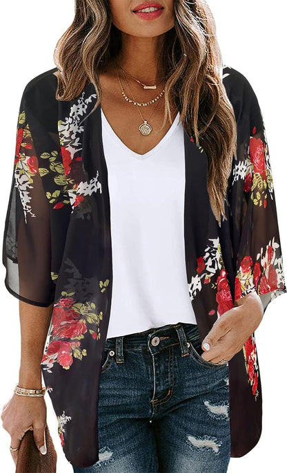 CHICGAL Womens Floral Kimono Cardigan Beach Cover Up Casual Summer Tops | 2026 Puff Sleeve Open Front Chiffon Outfit,Hawaiian Shirt,Beach Vacation Swimwear, Plus Top,Boho ladies Blouse,Cruise Resort