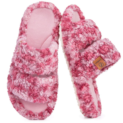 EverFoams Womens Fuzzy Open-toe Slippers Memory Foam Indoor House Shoes | machine-washable,gifts,memory foam,anti-slip sole,lightweight,indoor and outdoor,cozy