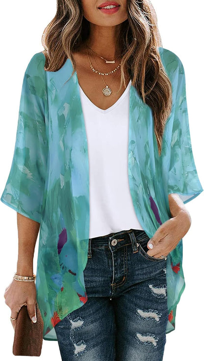 CHICGAL Womens Floral Kimono Cardigan Beach Cover Up Casual Summer Tops | 2026 Puff Sleeve Open Front Chiffon Outfit,Hawaiian Shirt,Beach Vacation Swimwear, Plus Top,Boho ladies Blouse,Cruise Resort