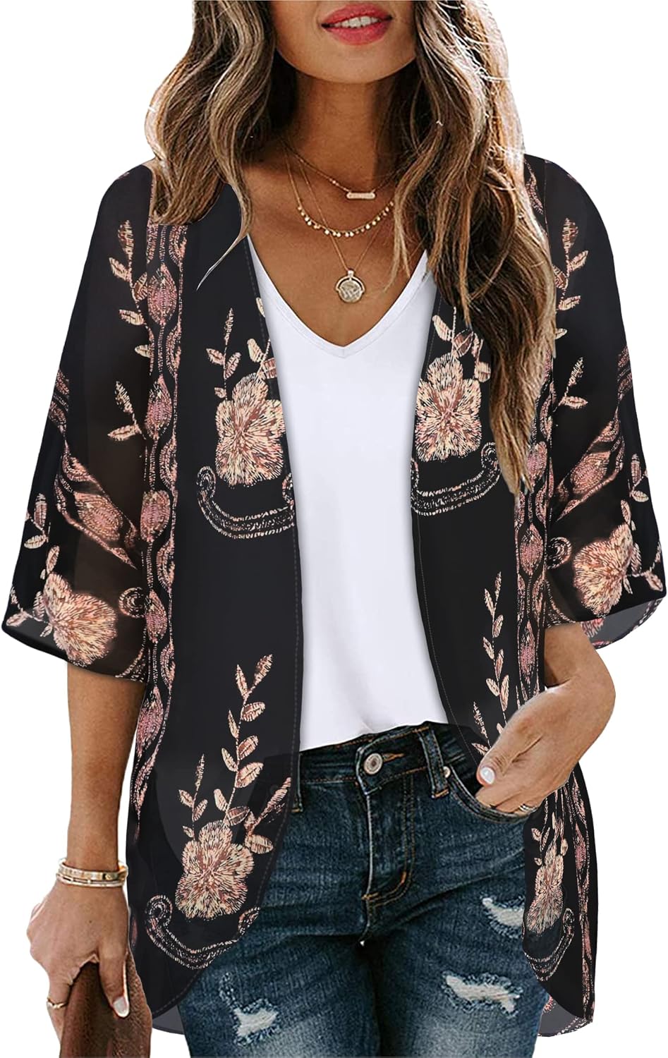 CHICGAL Womens Floral Kimono Cardigan Beach Cover Up Casual Summer Tops | 2026 Puff Sleeve Open Front Chiffon Outfit,Hawaiian Shirt,Beach Vacation Swimwear, Plus Top,Boho ladies Blouse,Cruise Resort
