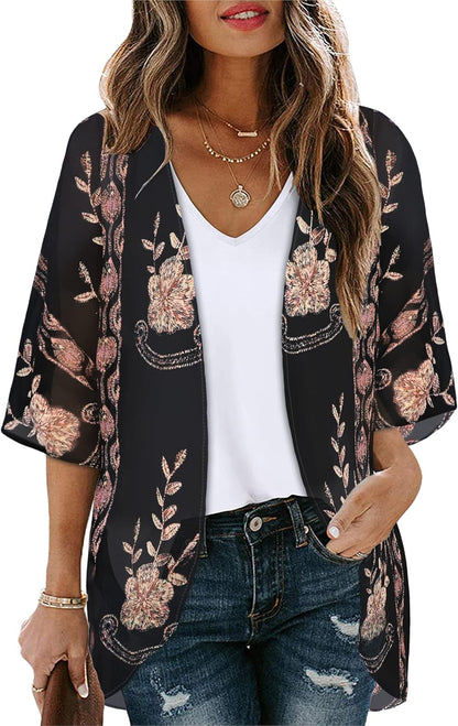 CHICGAL Womens Floral Kimono Cardigan Beach Cover Up Casual Summer Tops | 2026 Puff Sleeve Open Front Chiffon Outfit,Hawaiian Shirt,Beach Vacation Swimwear, Plus Top,Boho ladies Blouse,Cruise Resort