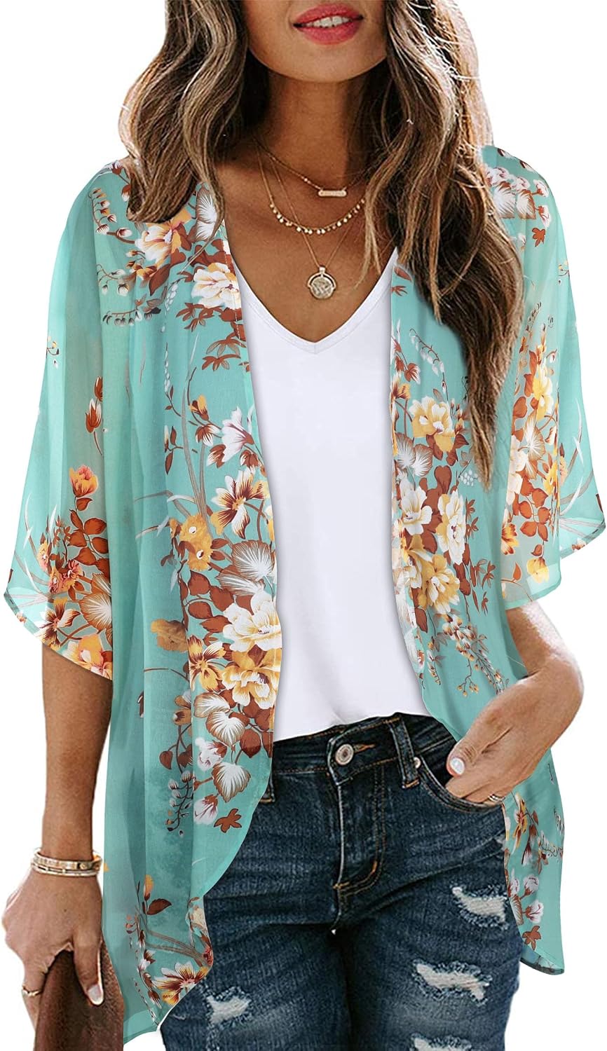 CHICGAL Womens Floral Kimono Cardigan Beach Cover Up Casual Summer Tops | 2026 Puff Sleeve Open Front Chiffon Outfit,Hawaiian Shirt,Beach Vacation Swimwear, Plus Top,Boho ladies Blouse,Cruise Resort