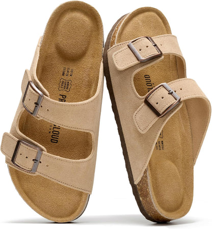 Project Cloud 100% Genuine Leather Womens Sandals Slides for Women (Venita) | Cork Footbed Sandals for Women with Memory Foam and Arch Support Vacation Essentials Slides Women Footwear Flat Sandals