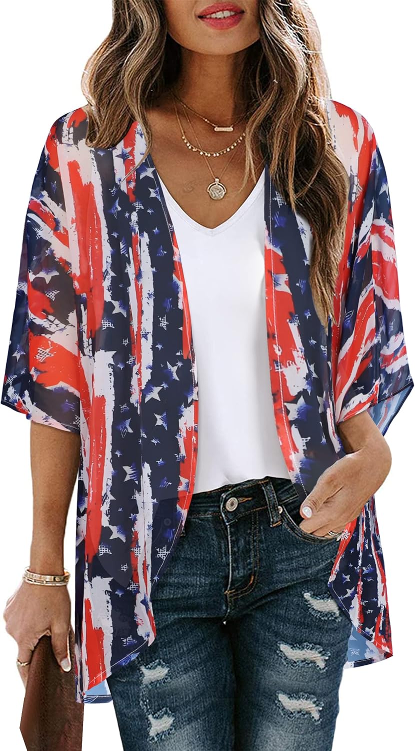 CHICGAL Womens Floral Kimono Cardigan Beach Cover Up Casual Summer Tops | 2026 Puff Sleeve Open Front Chiffon Outfit,Hawaiian Shirt,Beach Vacation Swimwear, Plus Top,Boho ladies Blouse,Cruise Resort