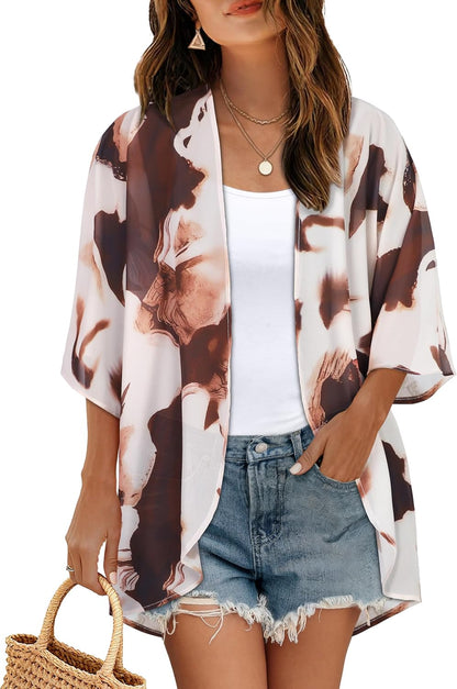 CHICGAL Womens Floral Kimono Cardigan Beach Cover Up Casual Summer Tops | 2026 Puff Sleeve Open Front Chiffon Outfit,Hawaiian Shirt,Beach Vacation Swimwear, Plus Top,Boho ladies Blouse,Cruise Resort