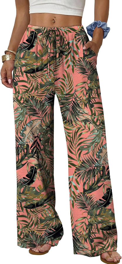 Sampeel Wide Leg Pants for Women Flowy Palazzo Drawstring Elastic Waist Trousers with Pockets Summer Beach Vacation Clothes