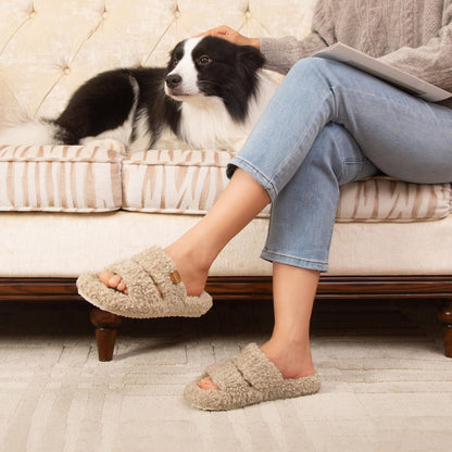 EverFoams Womens Fuzzy Open-toe Slippers Memory Foam Indoor House Shoes | machine-washable,gifts,memory foam,anti-slip sole,lightweight,indoor and outdoor,cozy