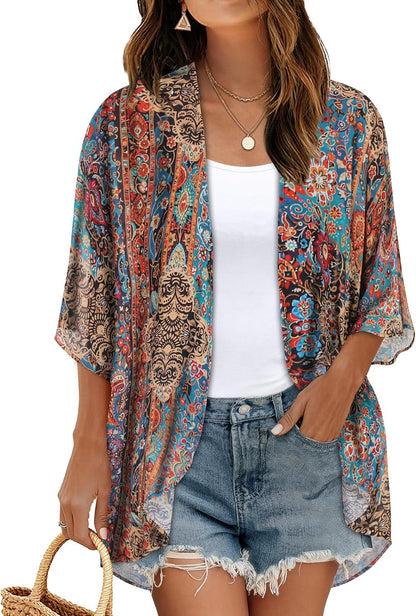 CHICGAL Womens Floral Kimono Cardigan Beach Cover Up Casual Summer Tops | 2026 Puff Sleeve Open Front Chiffon Outfit,Hawaiian Shirt,Beach Vacation Swimwear, Plus Top,Boho ladies Blouse,Cruise Resort