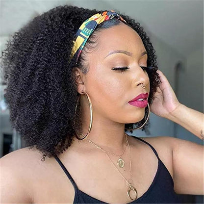 Cerise Alfie Afro kinky curly human hair headband wig with scarf, showcasing easy-wear, no-glue style for natural volume and texture.