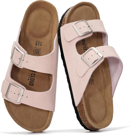 Project Cloud 100% Genuine Leather Womens Sandals Slides for Women (Venita) | Cork Footbed Sandals for Women with Memory Foam and Arch Support Vacation Essentials Slides Women Footwear Flat Sandals