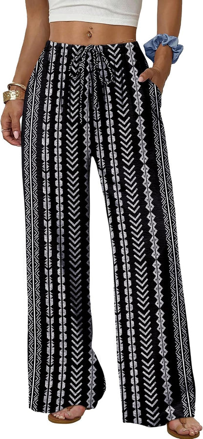 Sampeel Wide Leg Pants for Women Flowy Palazzo Drawstring Elastic Waist Trousers with Pockets Summer Beach Vacation Clothes