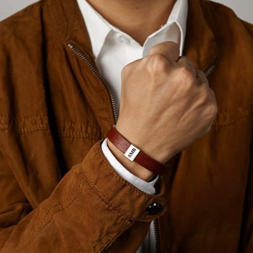 Leather bracelet for men with customizable initials, stylish Green Millie couple initials bracelet with engraved metal accents.