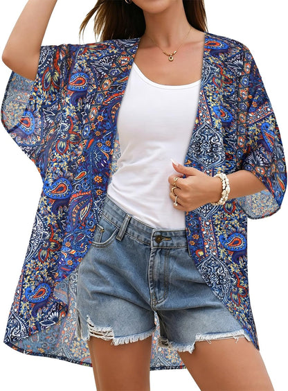 CHICGAL Womens Floral Kimono Cardigan Beach Cover Up Casual Summer Tops | 2026 Puff Sleeve Open Front Chiffon Outfit,Hawaiian Shirt,Beach Vacation Swimwear, Plus Top,Boho ladies Blouse,Cruise Resort