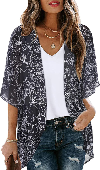 CHICGAL Womens Floral Kimono Cardigan Beach Cover Up Casual Summer Tops | 2026 Puff Sleeve Open Front Chiffon Outfit,Hawaiian Shirt,Beach Vacation Swimwear, Plus Top,Boho ladies Blouse,Cruise Resort