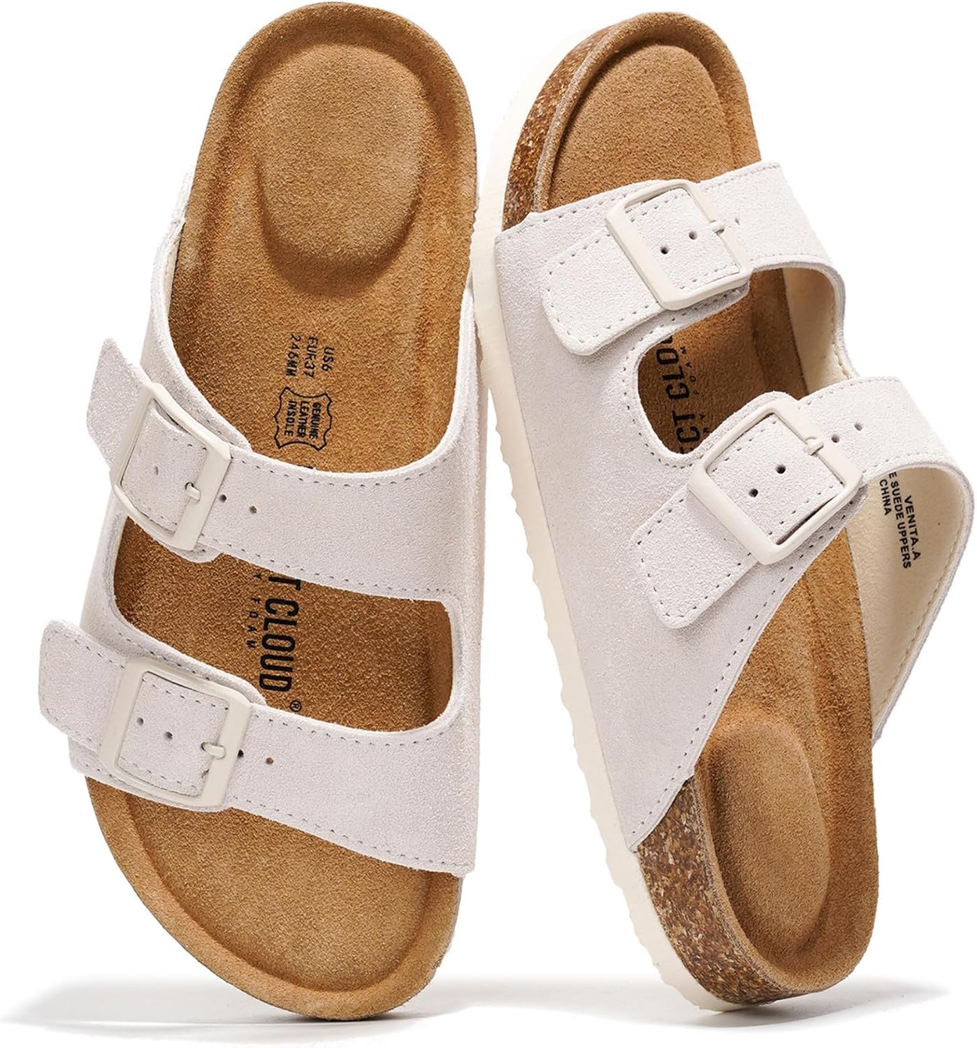 Project Cloud 100% Genuine Leather Womens Sandals Slides for Women (Venita) | Cork Footbed Sandals for Women with Memory Foam and Arch Support Vacation Essentials Slides Women Footwear Flat Sandals