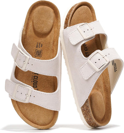 Project Cloud 100% Genuine Leather Womens Sandals Slides for Women (Venita) | Cork Footbed Sandals for Women with Memory Foam and Arch Support Vacation Essentials Slides Women Footwear Flat Sandals