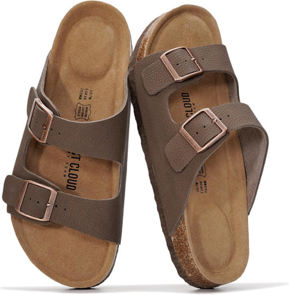 Project Cloud 100% Genuine Leather Womens Sandals Slides for Women (Venita) | Cork Footbed Sandals for Women with Memory Foam and Arch Support Vacation Essentials Slides Women Footwear Flat Sandals