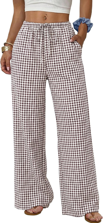 Sampeel Wide Leg Pants for Women Flowy Palazzo Drawstring Elastic Waist Trousers with Pockets Summer Beach Vacation Clothes