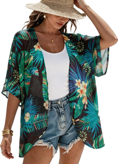 CHICGAL Womens Floral Kimono Cardigan Beach Cover Up Casual Summer Tops | 2026 Puff Sleeve Open Front Chiffon Outfit,Hawaiian Shirt,Beach Vacation Swimwear, Plus Top,Boho ladies Blouse,Cruise Resort