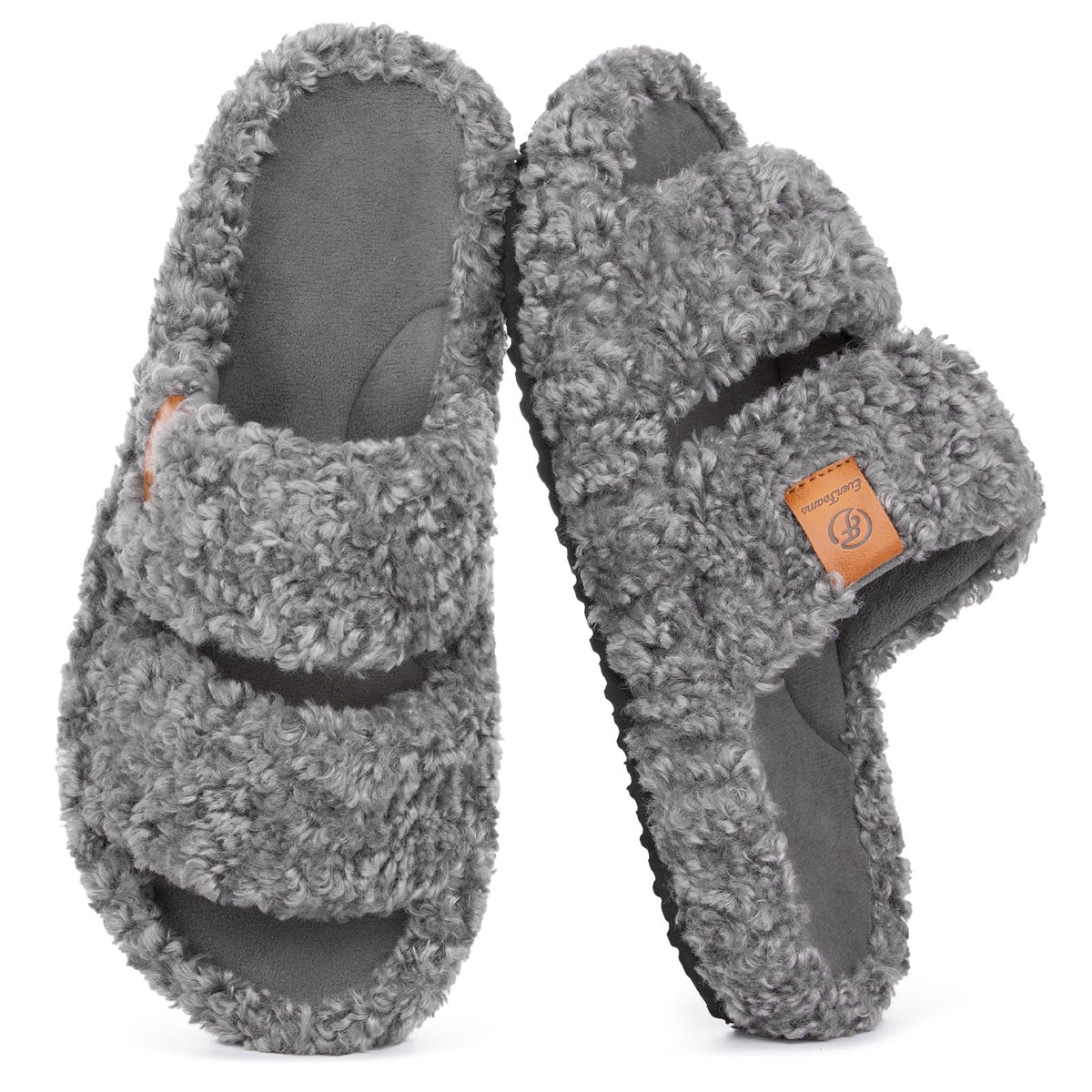 EverFoams Womens Fuzzy Open-toe Slippers Memory Foam Indoor House Shoes | machine-washable,gifts,memory foam,anti-slip sole,lightweight,indoor and outdoor,cozy