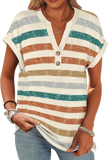 ANRABESS Womens Short Sleeve Henley Tops V Neck Dressy Casual Blouses Summer Trendy Tee Shirts 2026 Vacation Fashion Clothes