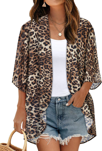 CHICGAL Womens Floral Kimono Cardigan Beach Cover Up Casual Summer Tops | 2026 Puff Sleeve Open Front Chiffon Outfit,Hawaiian Shirt,Beach Vacation Swimwear, Plus Top,Boho ladies Blouse,Cruise Resort