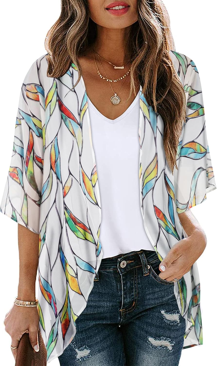 CHICGAL Womens Floral Kimono Cardigan Beach Cover Up Casual Summer Tops | 2026 Puff Sleeve Open Front Chiffon Outfit,Hawaiian Shirt,Beach Vacation Swimwear, Plus Top,Boho ladies Blouse,Cruise Resort
