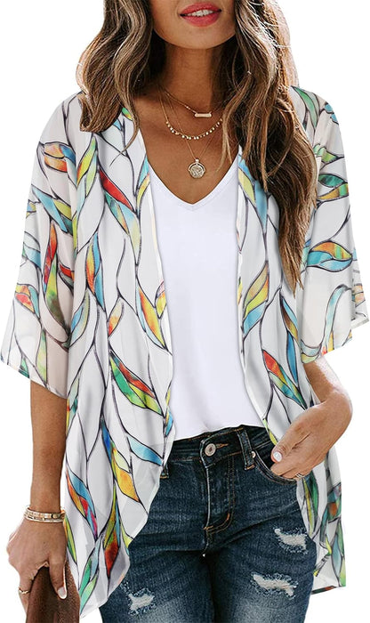 CHICGAL Womens Floral Kimono Cardigan Beach Cover Up Casual Summer Tops | 2026 Puff Sleeve Open Front Chiffon Outfit,Hawaiian Shirt,Beach Vacation Swimwear, Plus Top,Boho ladies Blouse,Cruise Resort