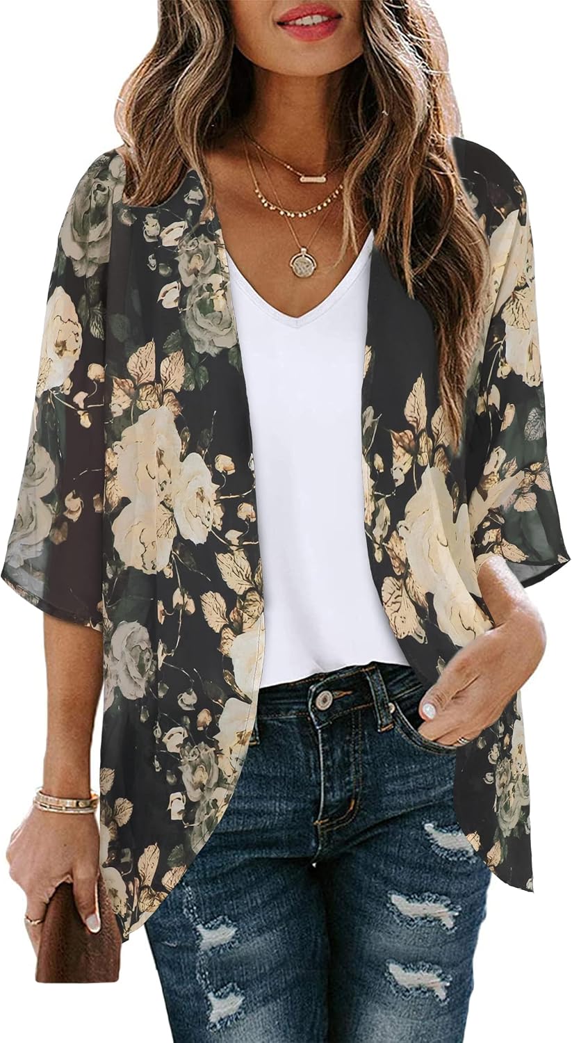CHICGAL Womens Floral Kimono Cardigan Beach Cover Up Casual Summer Tops | 2026 Puff Sleeve Open Front Chiffon Outfit,Hawaiian Shirt,Beach Vacation Swimwear, Plus Top,Boho ladies Blouse,Cruise Resort