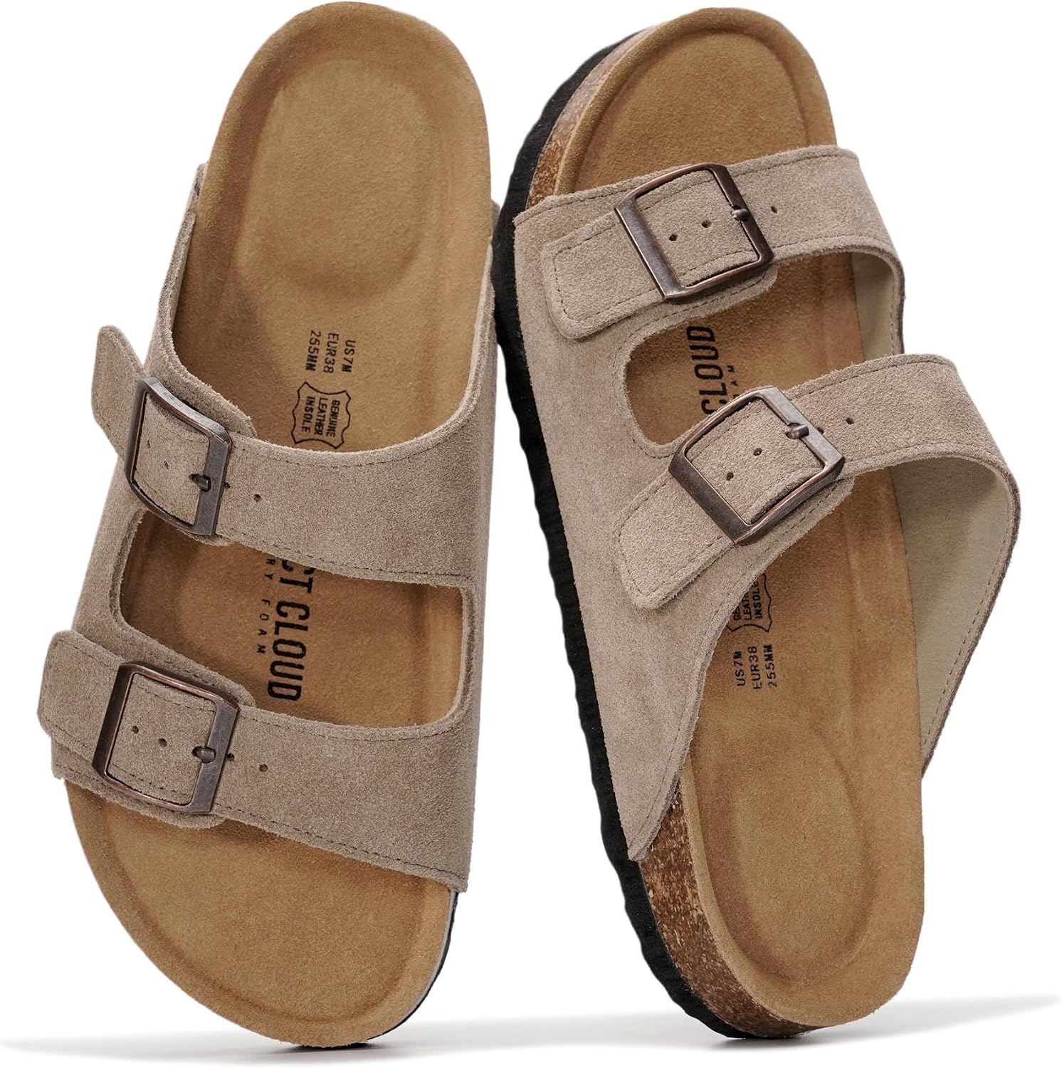 Project Cloud 100% Genuine Leather Womens Sandals Slides for Women (Venita) | Cork Footbed Sandals for Women with Memory Foam and Arch Support Vacation Essentials Slides Women Footwear Flat Sandals