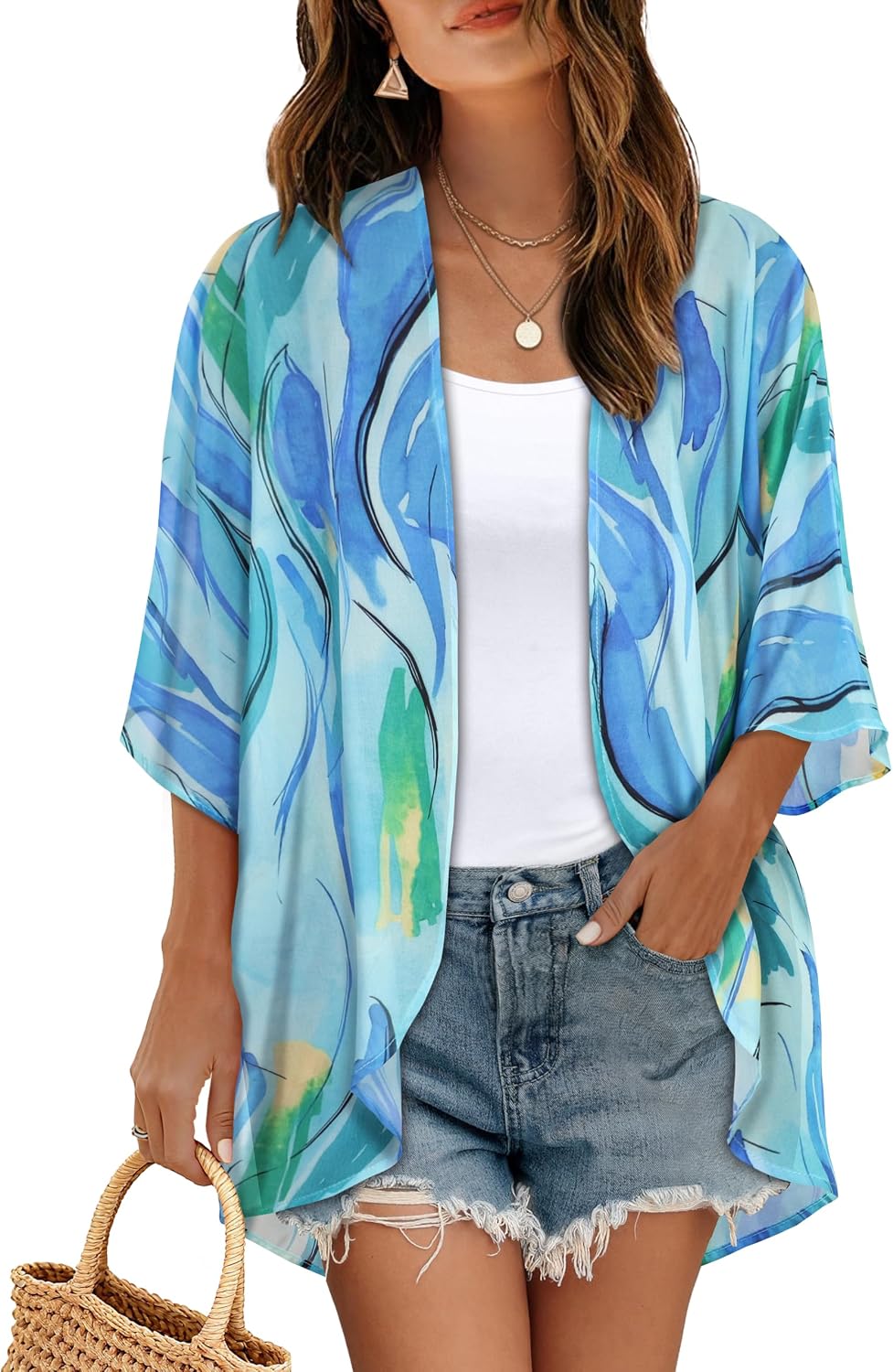 CHICGAL Womens Floral Kimono Cardigan Beach Cover Up Casual Summer Tops | 2026 Puff Sleeve Open Front Chiffon Outfit,Hawaiian Shirt,Beach Vacation Swimwear, Plus Top,Boho ladies Blouse,Cruise Resort