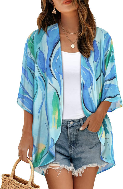 CHICGAL Womens Floral Kimono Cardigan Beach Cover Up Casual Summer Tops | 2026 Puff Sleeve Open Front Chiffon Outfit,Hawaiian Shirt,Beach Vacation Swimwear, Plus Top,Boho ladies Blouse,Cruise Resort