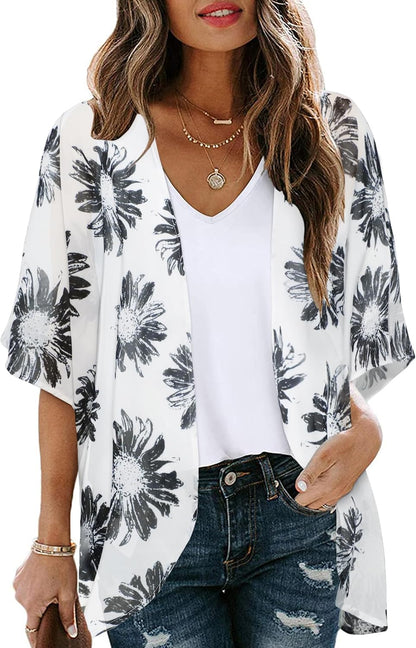 CHICGAL Womens Floral Kimono Cardigan Beach Cover Up Casual Summer Tops | 2026 Puff Sleeve Open Front Chiffon Outfit,Hawaiian Shirt,Beach Vacation Swimwear, Plus Top,Boho ladies Blouse,Cruise Resort