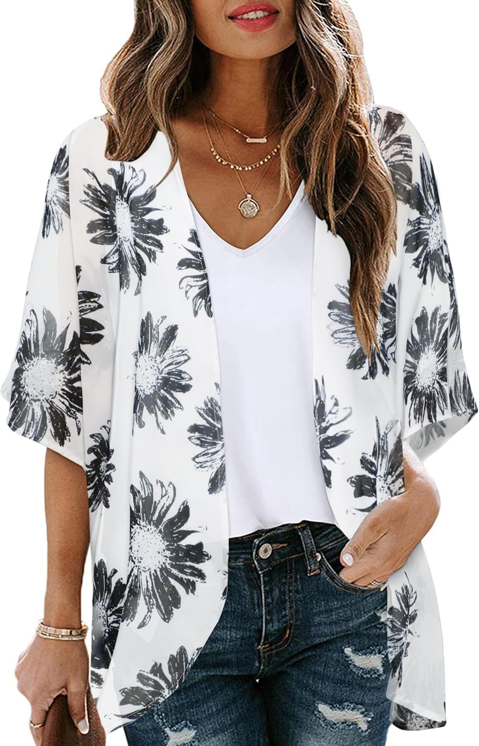 CHICGAL Womens Floral Kimono Cardigan Beach Cover Up Casual Summer Tops | 2026 Puff Sleeve Open Front Chiffon Outfit,Hawaiian Shirt,Beach Vacation Swimwear, Plus Top,Boho ladies Blouse,Cruise Resort