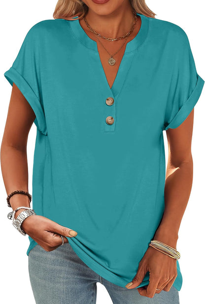 ANRABESS Womens Short Sleeve Henley Tops V Neck Dressy Casual Blouses Summer Trendy Tee Shirts 2026 Vacation Fashion Clothes
