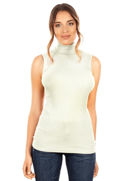 Byzantium Hemera EGI Exclusive Collections Merino wool blend mock neck sleeveless top, white, close-up of fabric and neckline.
