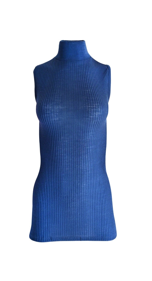 Byzantium Hemera EGI Exclusive Collections Merino wool blend mock neck sleeveless top in blue, stylish and cozy for layering.