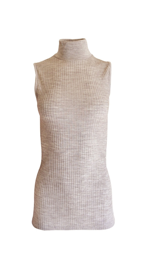 Byzantium Hemera Merino wool blend mock neck sleeveless top from EGI Exclusive Collections, shown in a neutral color.