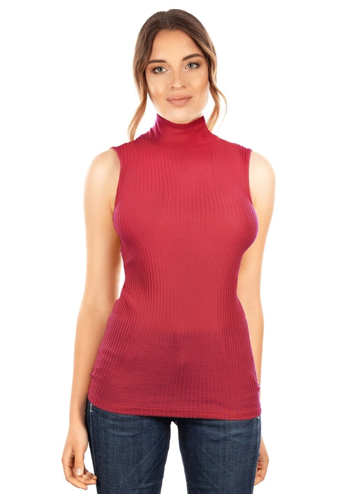 Byzantium Hemera EGI Exclusive Collections merino wool blend mock neck sleeveless top in red, close-up of fabric and neckline.