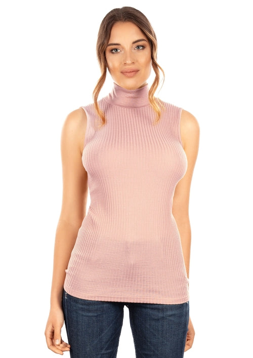 Byzantium Hemera Merino wool blend mock neck sleeveless top from EGI Exclusive Collections, shown in rose color.