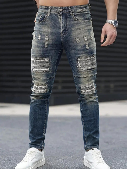 Men’s navy ripped stretch jeans by Carmine Juneberry with distressed details, slim fit, high street style, Urban Cool 25 Edition.