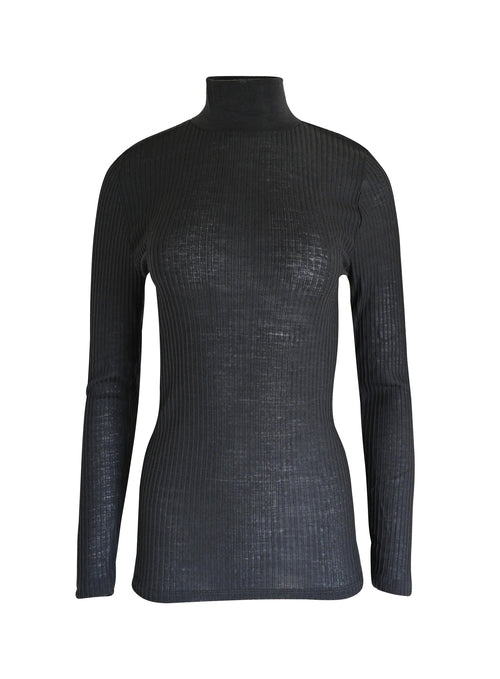 Byzantium Hemera EGI Exclusive Collections merino wool blend mock neck top in black, long-sleeve, stylish blouse for women.