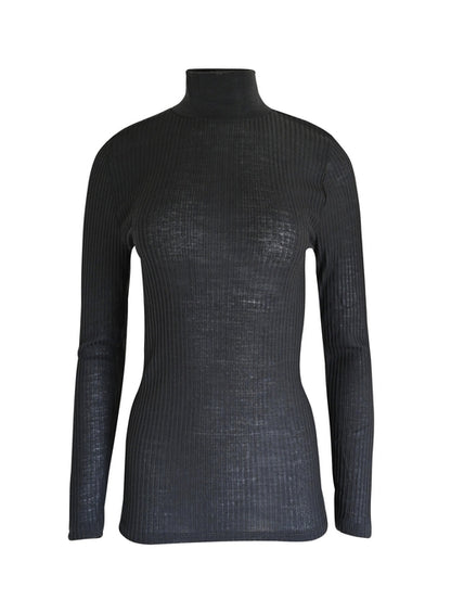 Byzantium Hemera EGI Exclusive Collections merino wool blend mock neck top in black, long-sleeve, stylish blouse for women.