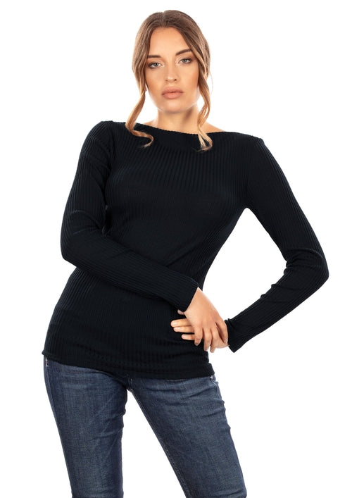 Byzantium Hemera EGI Exclusive Collections Merino wool blend boat neck top in black, long-sleeve casual blouse for women.